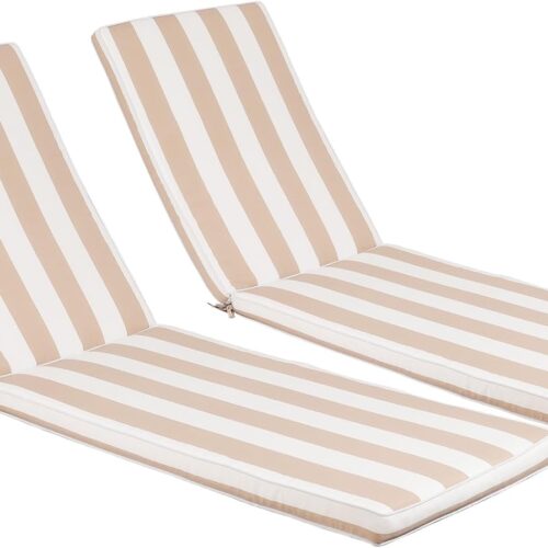Outdoor Chaise Lounge Chair Cushions 2 Pack, Thick Waterproof Patio Pool Lounge Cushions, Fade Resistant, (Khaki & White Stripe)