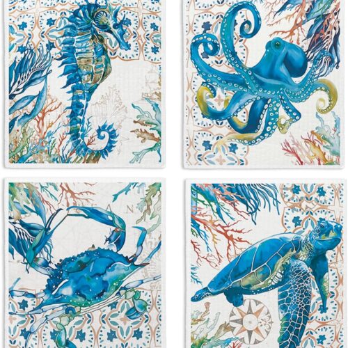 4 Pack Beach Coastal Swedish Dishcloths for Kitchen Decor | Summer Ocean Seahorse Decor Kitchen Dish Towels for Washing Dishes, Sponge Cloths for for Home Cleaning Cooking