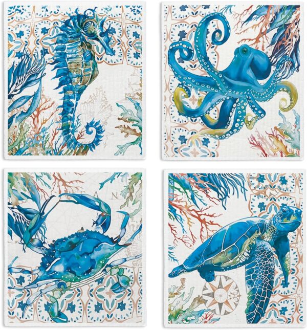 4 Pack Beach Coastal Swedish Dishcloths for Kitchen Decor | Summer Ocean Seahorse Decor Kitchen Dish Towels for Washing Dishes, Sponge Cloths for for Home Cleaning Cooking 1
