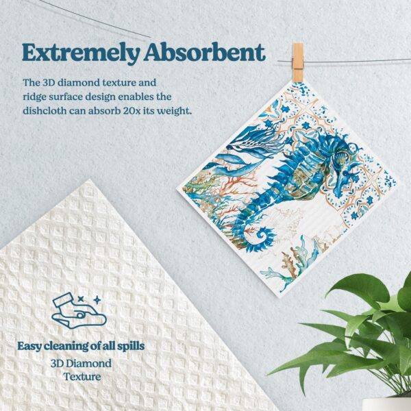 4 Pack Beach Coastal Swedish Dishcloths for Kitchen Decor | Summer Ocean Seahorse Decor Kitchen Dish Towels for Washing Dishes, Sponge Cloths for for Home Cleaning Cooking 4