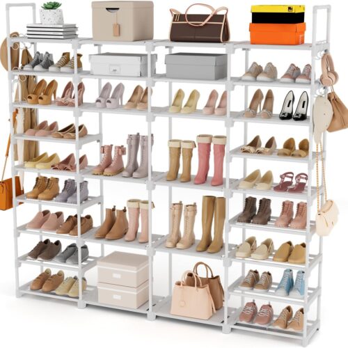 ROJASOP Large Shoe Rack Organizer for Entryway Closet 64-68 Pairs 9-Tier Heavy Duty Tall Garage Shoe Rack Shoe Shelf Shoes Storage with 18 Pcs Removable Side Hooks for Bedroom and Garage White