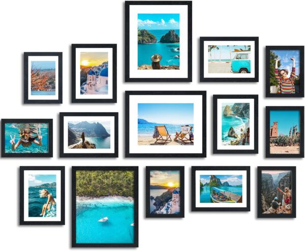 Fixwal Collage Picture Frames Set, 15 Pack, MDF, Black, 8x10, 5x7, 4x6 | Wall or Tabletop Decor, High-definition Plexiglas panels 1