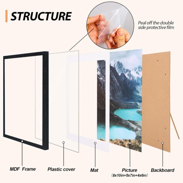 Fixwal Collage Picture Frames Set, 15 Pack, MDF, Black, 8x10, 5x7, 4x6 | Wall or Tabletop Decor, High-definition Plexiglas panels 3