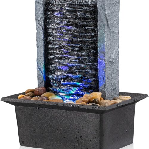 Tabletop Fountain Indoor Waterfall Rock Fountain LED-Lights Water Feature Waterfall for Modern Home and Office Indoor Decoration