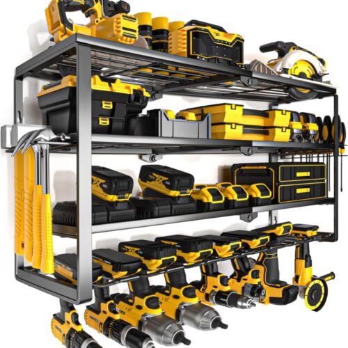 WF2654MAX_1 YYR 4 Layer Power Tool Organizer Wall Mount, Cordless Drill Hanger Storage Rack, Battery Tools Holder with Charging Station Shelf for Garage Organization, Workshop, Pegboard, Shed - 32 Inch 8 Slots