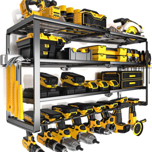 YYR 4 Layer Power Tool Organizer Wall Mount, Cordless Drill Hanger Storage Rack, Battery Tools Holder with Charging Station Shelf for Garage Organization, Workshop, Pegboard, Shed - 32 Inch 8 Slots 1