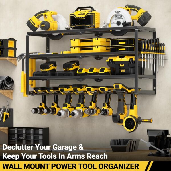 YYR 4 Layer Power Tool Organizer Wall Mount, Cordless Drill Hanger Storage Rack, Battery Tools Holder with Charging Station Shelf for Garage Organization, Workshop, Pegboard, Shed - 32 Inch 8 Slots 2