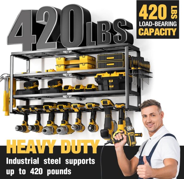 YYR 4 Layer Power Tool Organizer Wall Mount, Cordless Drill Hanger Storage Rack, Battery Tools Holder with Charging Station Shelf for Garage Organization, Workshop, Pegboard, Shed - 32 Inch 8 Slots 4