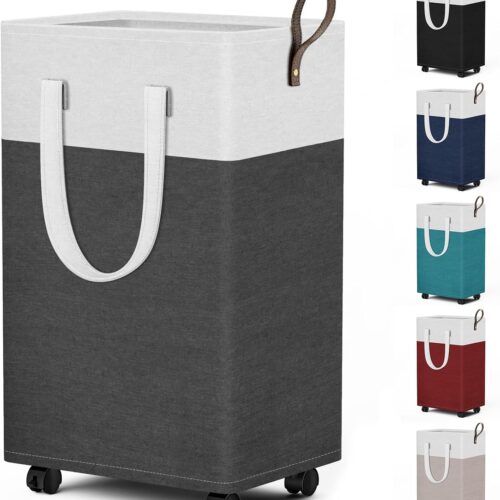 HomeHacks 75L Rolling Laundry Basket with 4 Wheels Collapsible Gray | 4 Wheels, Waterproof PEVA Lining, Cotton Flax Fabric, Metal Frame, Bathroom Laundry Room Dorm Storage, Space-Saving Design