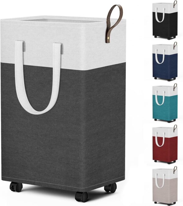 HomeHacks 75L Rolling Laundry Basket with 4 Wheels Collapsible Gray | 4 Wheels, Waterproof PEVA Lining, Cotton Flax Fabric, Metal Frame, Bathroom Laundry Room Dorm Storage, Space-Saving Design 1