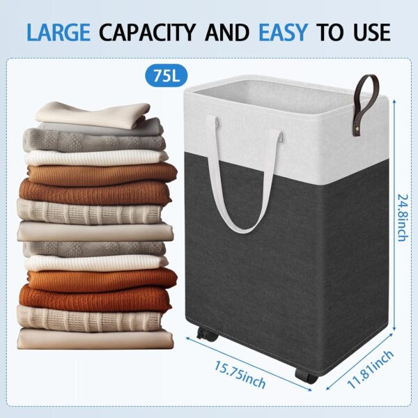 HomeHacks 75L Rolling Laundry Basket with 4 Wheels Collapsible Gray | 4 Wheels, Waterproof PEVA Lining, Cotton Flax Fabric, Metal Frame, Bathroom Laundry Room Dorm Storage, Space-Saving Design 2