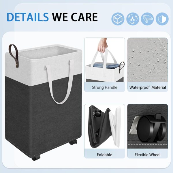HomeHacks 75L Rolling Laundry Basket with 4 Wheels Collapsible Gray | 4 Wheels, Waterproof PEVA Lining, Cotton Flax Fabric, Metal Frame, Bathroom Laundry Room Dorm Storage, Space-Saving Design 3
