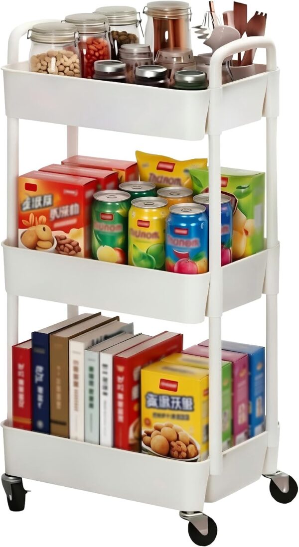 Sywhitta 3-Tier Plastic Rolling Utility Cart with Wheels for Storage,White | Multi-Functional Storage Trolley, for Office, Living Room, Kitchen, Bathroom,Movable Organizer,Space-Saving,Easy to assemble 1