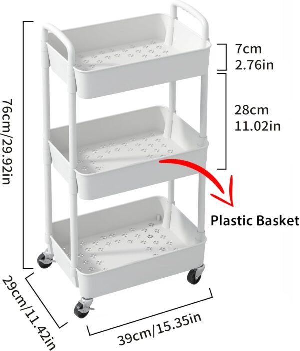 Sywhitta 3-Tier Plastic Rolling Utility Cart with Wheels for Storage,White | Multi-Functional Storage Trolley, for Office, Living Room, Kitchen, Bathroom,Movable Organizer,Space-Saving,Easy to assemble 2