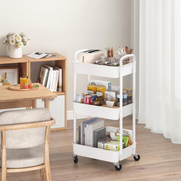 Sywhitta 3-Tier Plastic Rolling Utility Cart with Wheels for Storage,White | Multi-Functional Storage Trolley, for Office, Living Room, Kitchen, Bathroom,Movable Organizer,Space-Saving,Easy to assemble 3