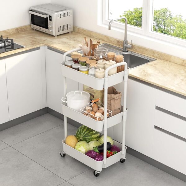 Sywhitta 3-Tier Plastic Rolling Utility Cart with Wheels for Storage,White | Multi-Functional Storage Trolley, for Office, Living Room, Kitchen, Bathroom,Movable Organizer,Space-Saving,Easy to assemble 4