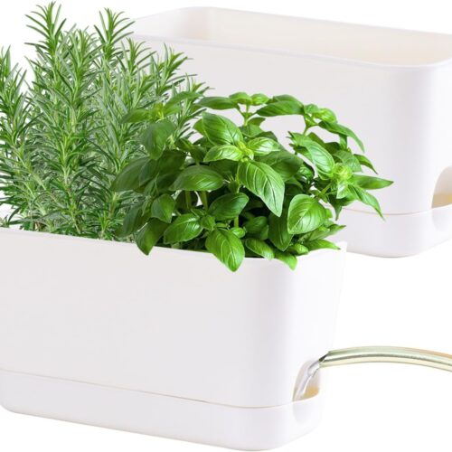 Oliz Self Watering Planters: 2 Packs Rectangular Plant Pots with with Drainage and Tray, 10 Inch Window Pot Self Watering Planter for Herb, Houseplants
