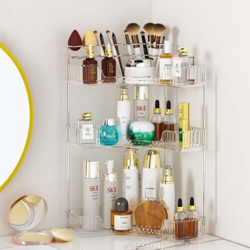 WF5302MAX_1 SUNZOS 3-Tier Corner Bathroom Counter Organizer, Bathroom Organizer Countertop with Makeup Brush Holder, Vanity Makeup Cosmetic Storage, Corner Storage for Kitchen, Dresser