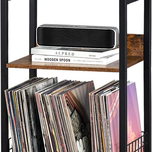 WF5707MAX_1 3 Tier End Table,Record Player Stand with Storage Up to 100 Albums,Turntable Stand for Vinyl,Brown Records Shelf for Living Room Bedroom