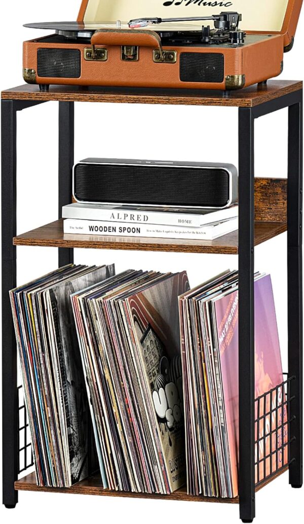 3 Tier End Table,Record Player Stand with Storage Up to 100 Albums,Turntable Stand for Vinyl,Brown Records Shelf for Living Room Bedroom 1