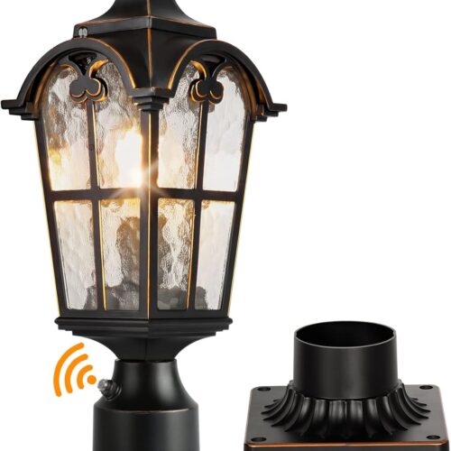 WF5872MAX_1 Hardwired 120V Dusk to Dawn Outdoor Post Light Black Roman, Waterproof Aluminum Pole Light Fixture with Pier Mount Base, Exterior Lamp Post Lantern Head with Clear Glass for Garden Yard Patio Pathway