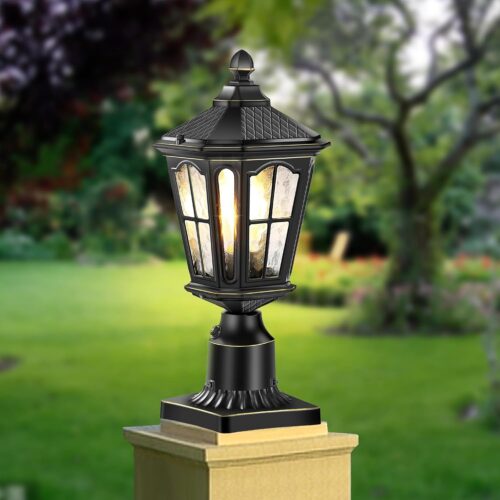 WF5879MAX_1 Dusk to Dawn Post Lights Hardwired 120V with Pier Mount Base, Anti-Rust Outdoor Pole Lantern Light Fixture with Water Ripple Glass, Outside Black Aluminum Exterior Lamp for Patio