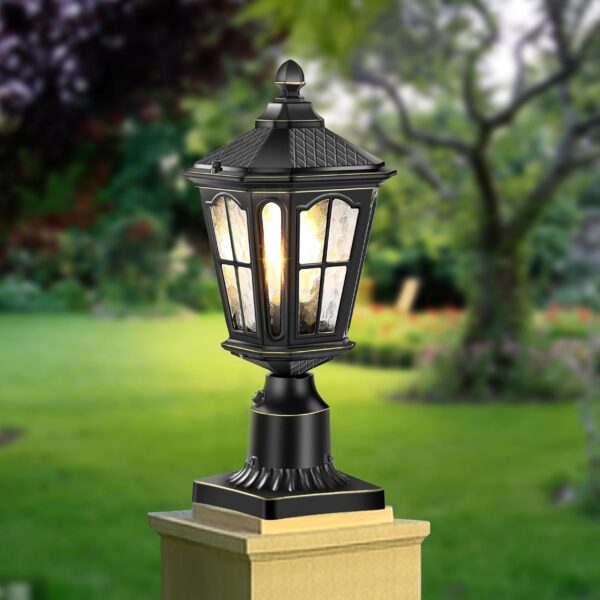 Dusk to Dawn Post Lights Hardwired 120V with Pier Mount Base, Anti-Rust Outdoor Pole Lantern Light Fixture with Water Ripple Glass, Outside Black Aluminum Exterior Lamp for Patio 1