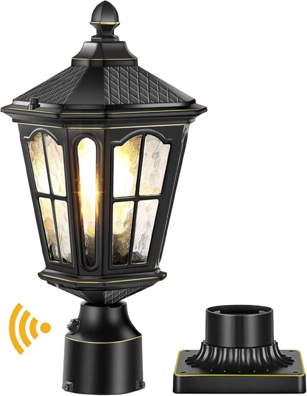 Dusk to Dawn Post Lights Hardwired 120V with Pier Mount Base, Anti-Rust Outdoor Pole Lantern Light Fixture with Water Ripple Glass, Outside Black Aluminum Exterior Lamp for Patio 2
