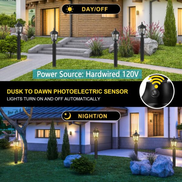 Dusk to Dawn Post Lights Hardwired 120V with Pier Mount Base, Anti-Rust Outdoor Pole Lantern Light Fixture with Water Ripple Glass, Outside Black Aluminum Exterior Lamp for Patio 3