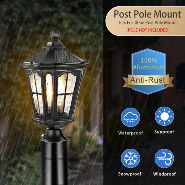 Dusk to Dawn Post Lights Hardwired 120V with Pier Mount Base, Anti-Rust Outdoor Pole Lantern Light Fixture with Water Ripple Glass, Outside Black Aluminum Exterior Lamp for Patio 4