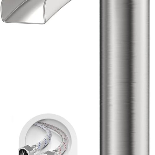 WF6181MAX_1 Brushed Nickel Tall Bathroom Vessel Sink Faucet, Single Hole Single Handle Waterfall Modern Above Countertop Sink Bathroom Faucet, with Pop Up Drain and Water Supply Line, NS-SF01-BN-V