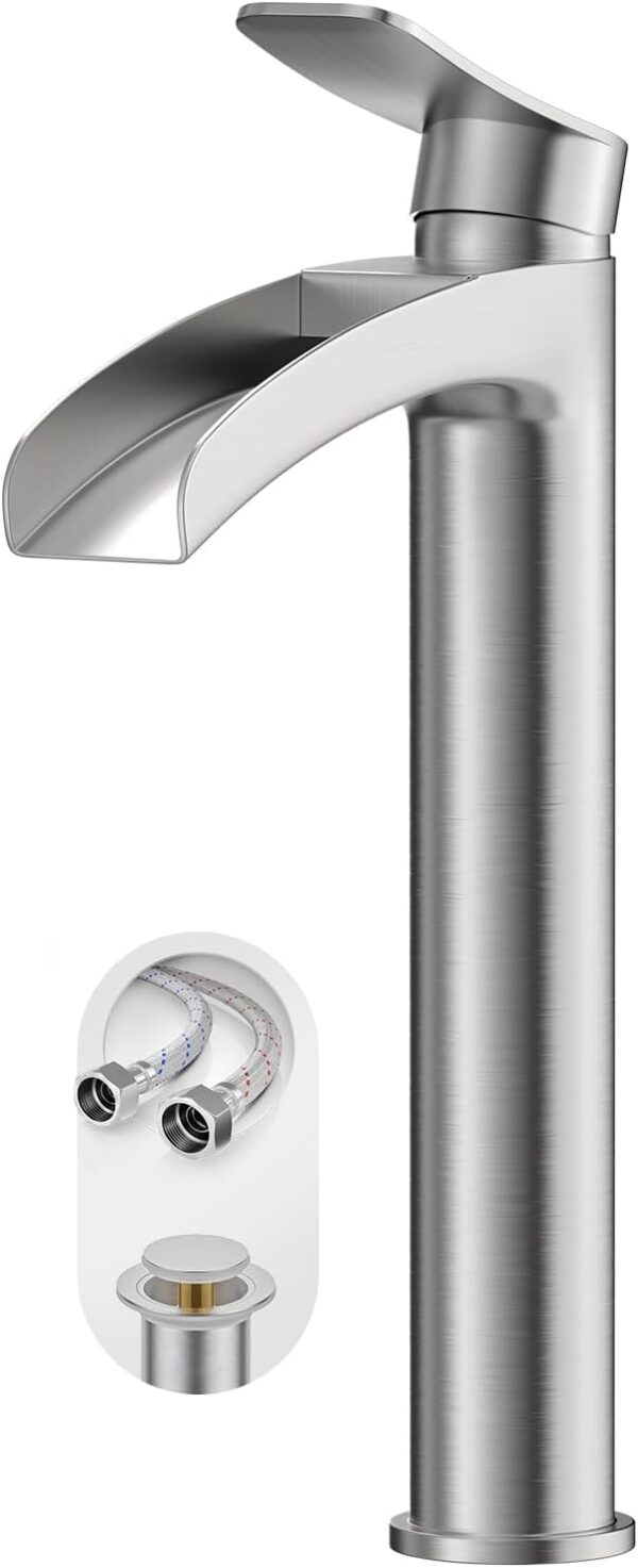 Brushed Nickel Tall Bathroom Vessel Sink Faucet, Single Hole Single Handle Waterfall Modern Above Countertop Sink Bathroom Faucet, with Pop Up Drain and Water Supply Line, NS-SF01-BN-V 1
