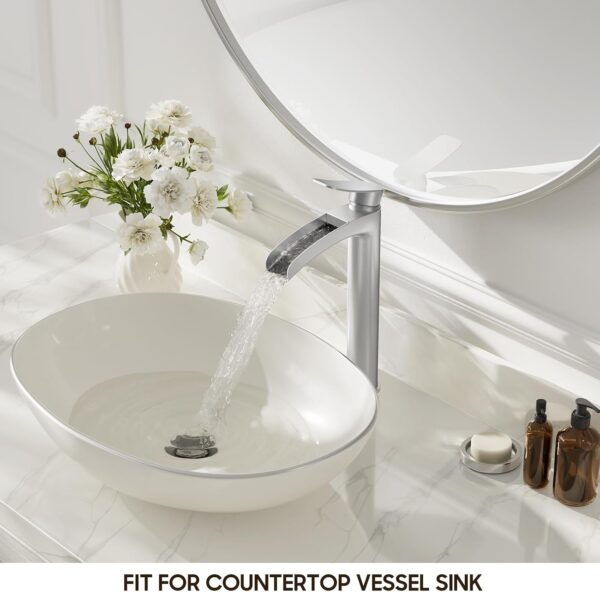 Brushed Nickel Tall Bathroom Vessel Sink Faucet, Single Hole Single Handle Waterfall Modern Above Countertop Sink Bathroom Faucet, with Pop Up Drain and Water Supply Line, NS-SF01-BN-V 2
