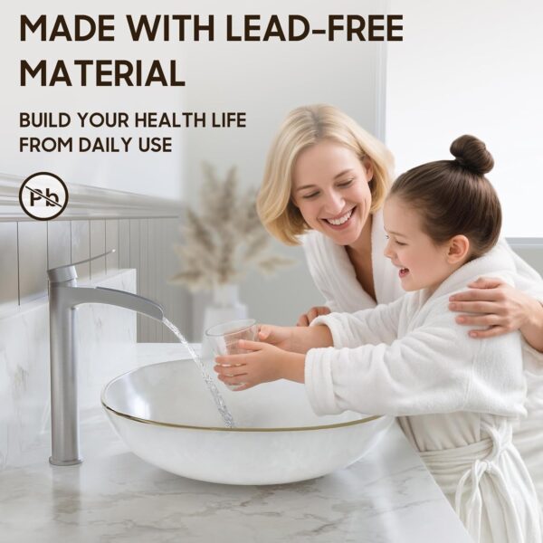Brushed Nickel Tall Bathroom Vessel Sink Faucet, Single Hole Single Handle Waterfall Modern Above Countertop Sink Bathroom Faucet, with Pop Up Drain and Water Supply Line, NS-SF01-BN-V 3