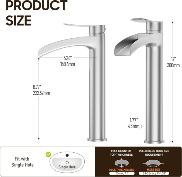 Brushed Nickel Tall Bathroom Vessel Sink Faucet, Single Hole Single Handle Waterfall Modern Above Countertop Sink Bathroom Faucet, with Pop Up Drain and Water Supply Line, NS-SF01-BN-V 4