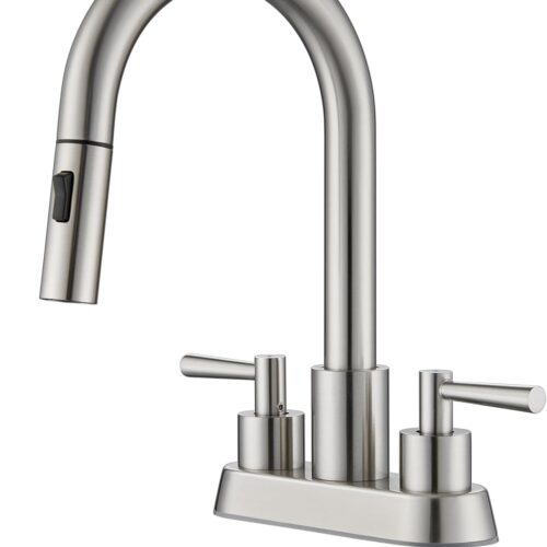 Bathroom Sink Faucet with Pull Out Sprayer Brushed Nickel | 4 Inch Centerset Lead-Free, Stainless Steel Vanity Faucet 2 Handle, with Pop Up Drain, 3 Hole Faucet for RV Laundry Restroom