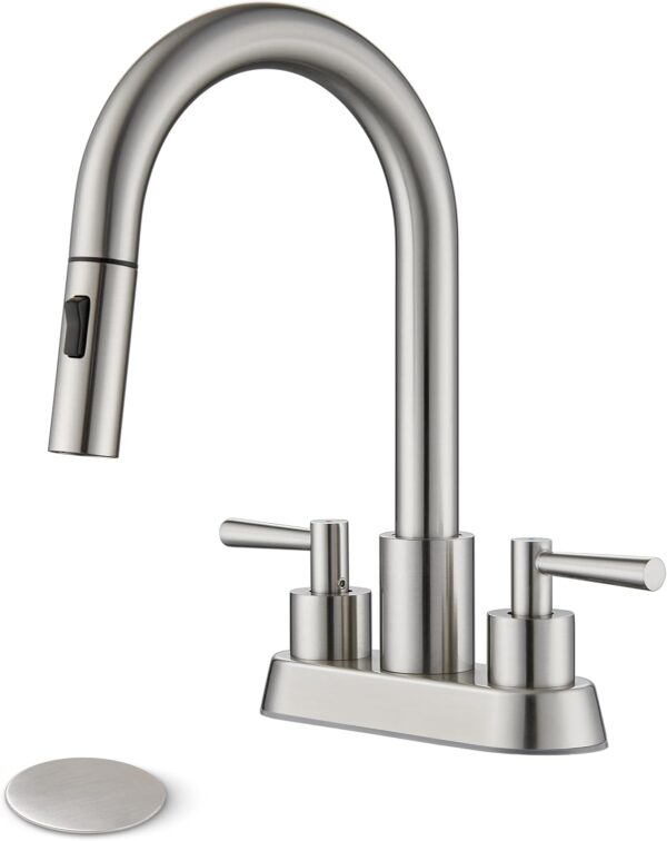 Bathroom Sink Faucet with Pull Out Sprayer Brushed Nickel | 4 Inch Centerset Lead-Free, Stainless Steel Vanity Faucet 2 Handle, with Pop Up Drain, 3 Hole Faucet for RV Laundry Restroom 1