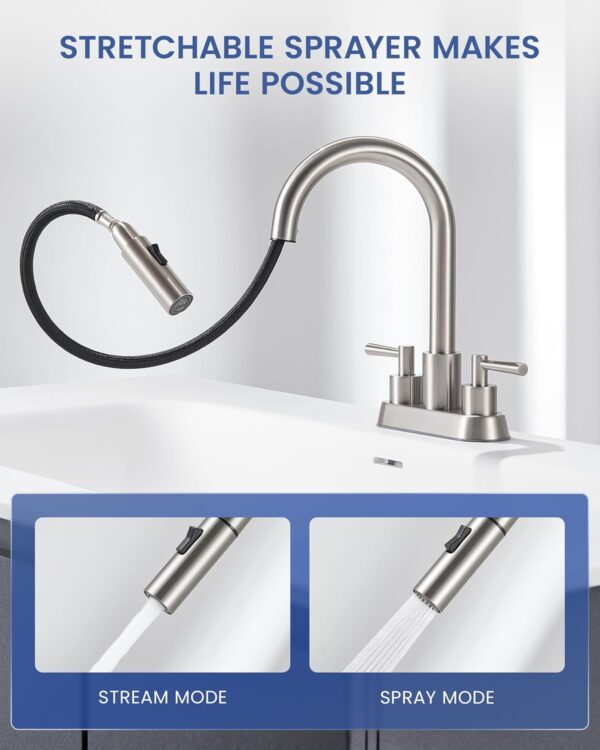 Bathroom Sink Faucet with Pull Out Sprayer Brushed Nickel | 4 Inch Centerset Lead-Free, Stainless Steel Vanity Faucet 2 Handle, with Pop Up Drain, 3 Hole Faucet for RV Laundry Restroom 2