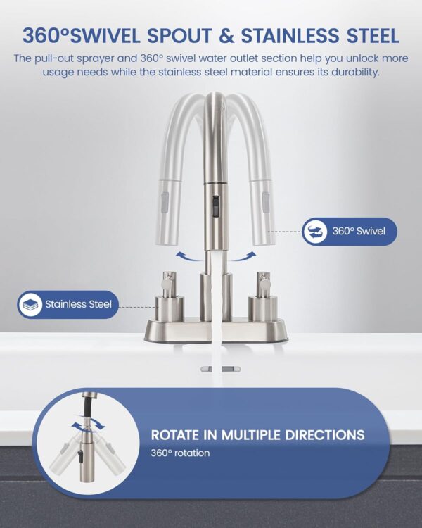 Bathroom Sink Faucet with Pull Out Sprayer Brushed Nickel | 4 Inch Centerset Lead-Free, Stainless Steel Vanity Faucet 2 Handle, with Pop Up Drain, 3 Hole Faucet for RV Laundry Restroom 4