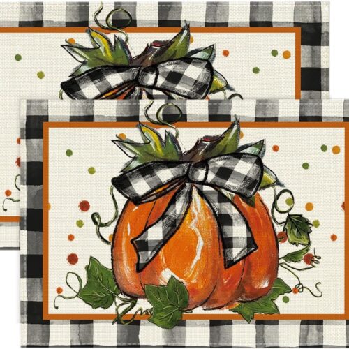 Artoid Mode Pumpkin Buffalo Plaid Fall Placemats Set of 2-12 x 18 Inch | Heat-Resistant Table Mats, Washable Seasonal Autumn Bowknot Kitchen Dining Decor