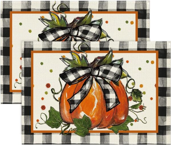 Artoid Mode Pumpkin Buffalo Plaid Fall Placemats Set of 2-12 x 18 Inch | Heat-Resistant Table Mats, Washable Seasonal Autumn Bowknot Kitchen Dining Decor 1