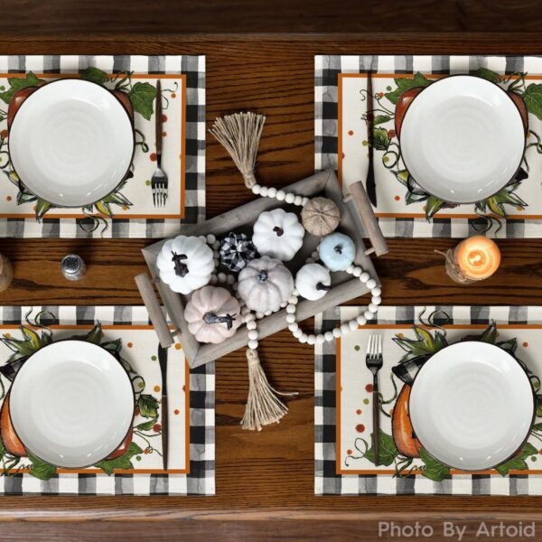 Artoid Mode Pumpkin Buffalo Plaid Fall Placemats Set of 2-12 x 18 Inch | Heat-Resistant Table Mats, Washable Seasonal Autumn Bowknot Kitchen Dining Decor 3