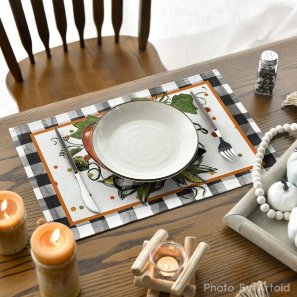 Artoid Mode Pumpkin Buffalo Plaid Fall Placemats Set of 2-12 x 18 Inch | Heat-Resistant Table Mats, Washable Seasonal Autumn Bowknot Kitchen Dining Decor 4