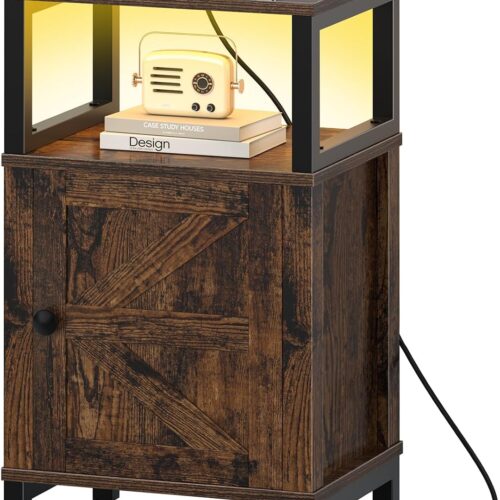 Yoobure Farmhouse Nightstand with Charging Station, Night Stand Barn Door | Wood Bedside Table with Storage Cabinet & Shelf, LED Side End Table with USB Ports & Outlets for Bedroom, Living Room, Black
