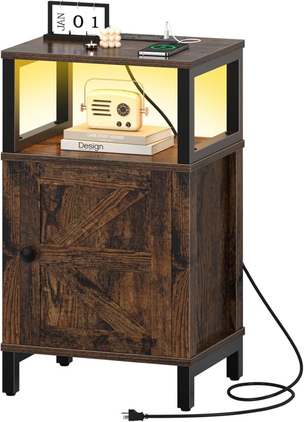 Yoobure Farmhouse Nightstand with Charging Station, Night Stand Barn Door | Wood Bedside Table with Storage Cabinet & Shelf, LED Side End Table with USB Ports & Outlets for Bedroom, Living Room, Black 1