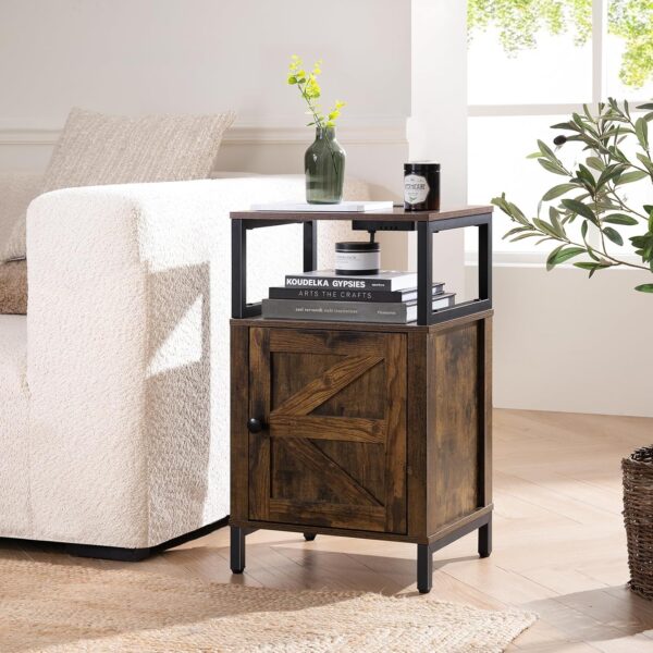 Yoobure Farmhouse Nightstand with Charging Station, Night Stand Barn Door | Wood Bedside Table with Storage Cabinet & Shelf, LED Side End Table with USB Ports & Outlets for Bedroom, Living Room, Black 2