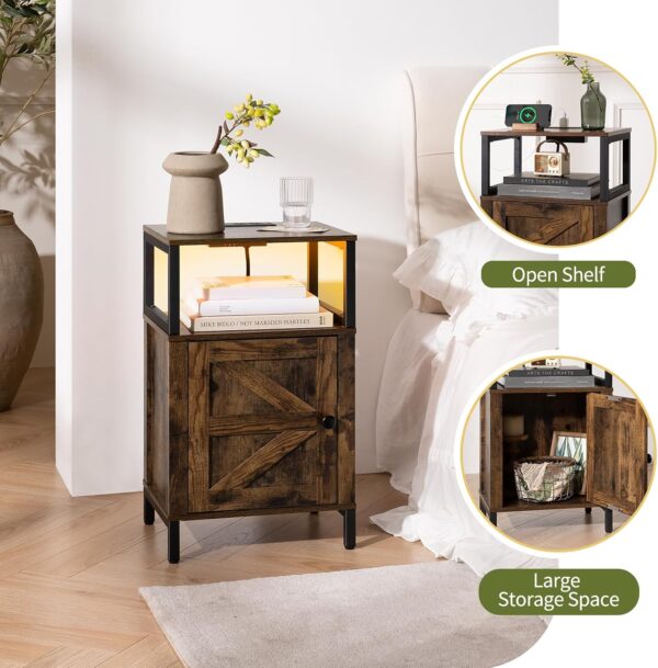 Yoobure Farmhouse Nightstand with Charging Station, Night Stand Barn Door | Wood Bedside Table with Storage Cabinet & Shelf, LED Side End Table with USB Ports & Outlets for Bedroom, Living Room, Black 4