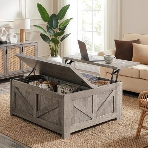 WF6743MAX_1 Yaheetech 31.5" Farmhouse Lift Top Coffee Table with Hidden Storage, Gray | Square Wood-Grain Design for Living Rooms, Flip-Top Panel, 2 Spacious Compartments, Smooth Gas Lift, Ideal for Small Spaces
