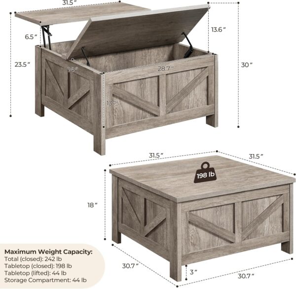 Yaheetech 31.5" Farmhouse Lift Top Coffee Table with Hidden Storage, Gray | Square Wood-Grain Design for Living Rooms, Flip-Top Panel, 2 Spacious Compartments, Smooth Gas Lift, Ideal for Small Spaces 2