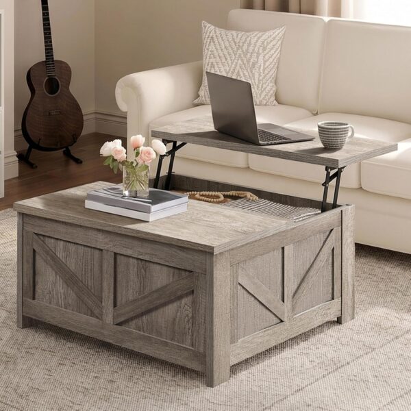 Yaheetech 31.5" Farmhouse Lift Top Coffee Table with Hidden Storage, Gray | Square Wood-Grain Design for Living Rooms, Flip-Top Panel, 2 Spacious Compartments, Smooth Gas Lift, Ideal for Small Spaces 3